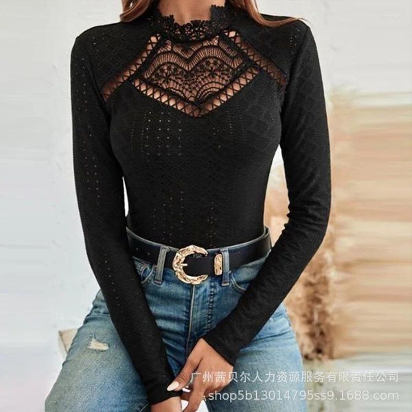 Mulheres camisetas Lace Hollow Out Manga Completa Tops Mulheres Sólidos Sexy Slim Fit Regular Bainha Splice Elegante Outono 2024 Senhoras Tees