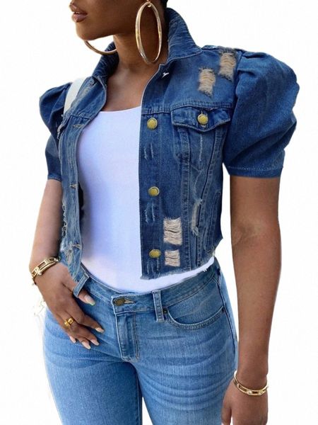 lw Primavera Verão Plus Size Puff Manga Rasgado Jaqueta Jeans Rua Simples Manga Curta Butt Turndown Collar Casaco para As Mulheres 82Z6 #