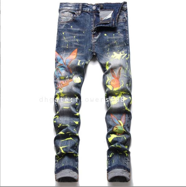 Jeans masculinos de tinta masculina Pentagrama bordada de calças lápis fit smel