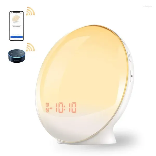 Relógios de mesa LED Sunrise Sunset Wake Up Light Rádio FM Cor Música Atmosfera Despertador Inteligente Crianças 2024