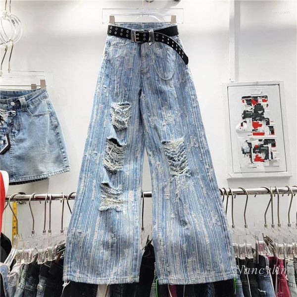 Женские джинсы в полоску, рваные для женщин, весна 2024, с высокой талией, поношенные, выцветшие, прямые брюки, джинсовые