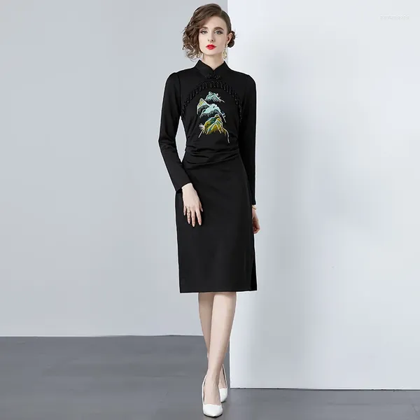 Vestidos casuais 2024 retro primavera preto paisagem pintura bordado vestido estilo chinês mulheres gola frisada borla magro uma linha