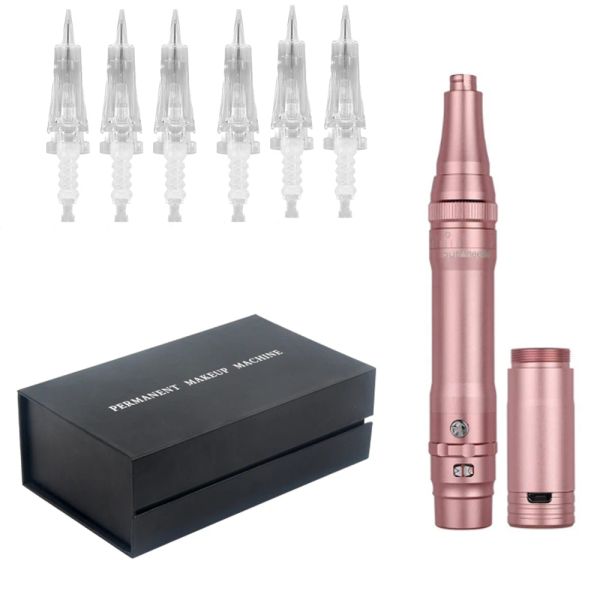 Pistole Kit macchina per trucco permanente Kit macchina rotativa per tatuaggio Macchina PMU wireless con ago per cartuccia a membrana da 10 pezzi in oro rosa