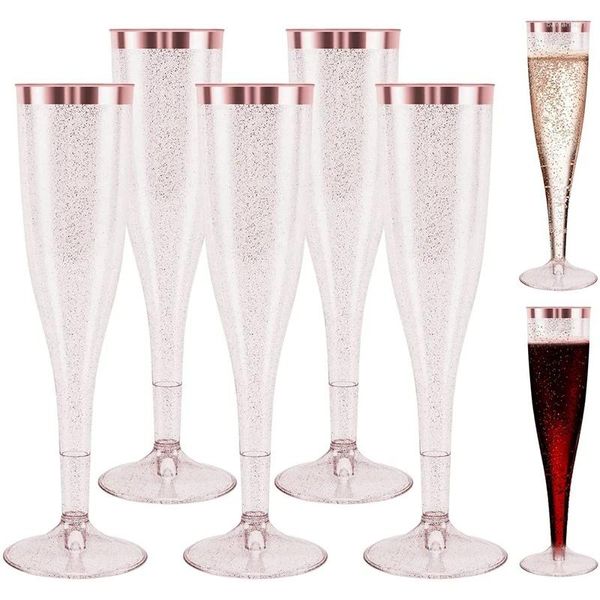 Einwegbecher, Strohhalme, Kunststoff-Champagnergläser, 6,5-Unzen-Gläser, wiederverwendbar, Roségold glitzernd, Hochzeitsfeier, Toastgläser, ABUX