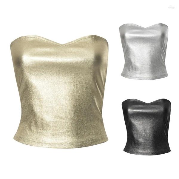 Damen Tanks Frauen Metallic Trägerlos Sweetheart Neck Skinny Crop Tube Top Nachtclub Rückenfrei Ärmellos Bandeau Westen Shirt