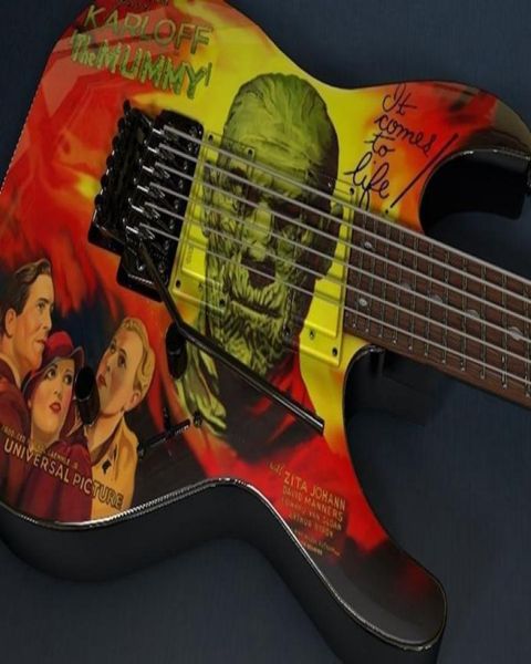 Продвижение kirk Hammett LTD KH3 Karloff Mummy Электрогитара Раскрашенная аэрографом глаз Канди Флойд Роуз Тремоло Бридж Черный6141514