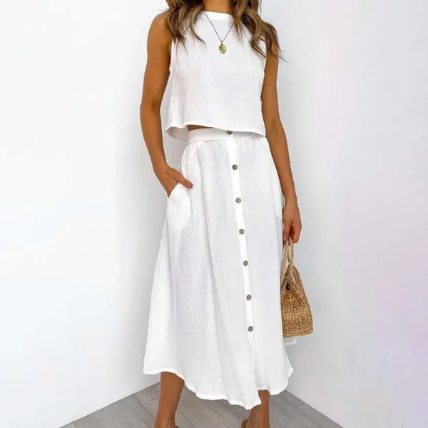 Vestidos de trabalho feminino terno sexy colheita colete superior casual midi saia conjunto tripulação pescoço bolsos laterais único breasted senhora verão outfit streetwear