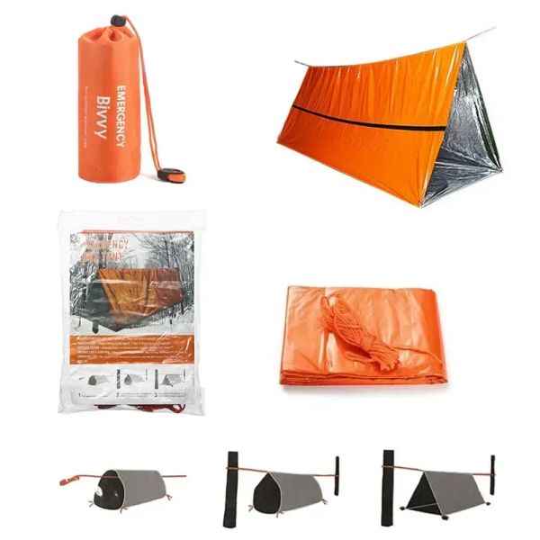 Sobrevivência reutilizável ao ar livre pessoa tubo abrigo mylar sobrevivência à prova dwaterproof água tenda bivy 2 cobertor kit térmico saco de dormir de emergência