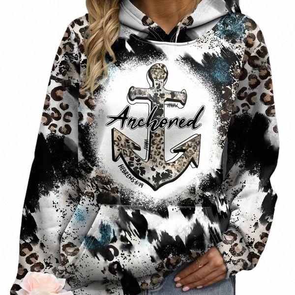 Anchor Leopard Print Tasca a marsupio Felpa con cappuccio Casual Lg Manica con cappuccio Felpa Abbigliamento donna Plus Size Pullover con cappuccio Q7yC #