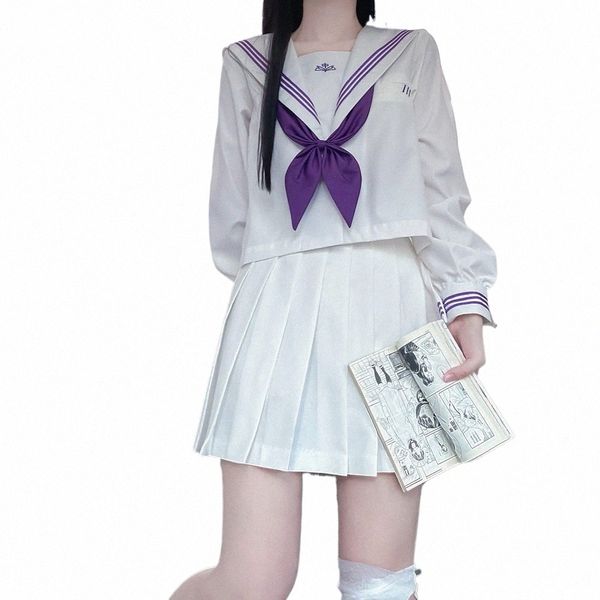 Japanische Weiße Uniform Seifuku Schule Matrosenanzug Lila Krawatte Koreanischer Student JK Uniform Matrosenbluse Cosplay Mädchen Faltenrock N78m #