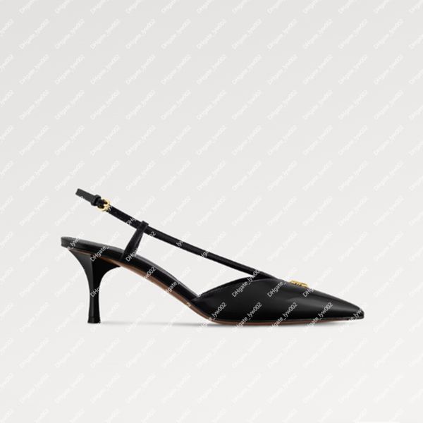 Explosion new Slingback da donna Stellar 1ACLE0 Nero Pelle di vitello smaltata Tacco a forma di stella color oro Accessorio circolare fibbia profonda color oro che rivela sottilmente