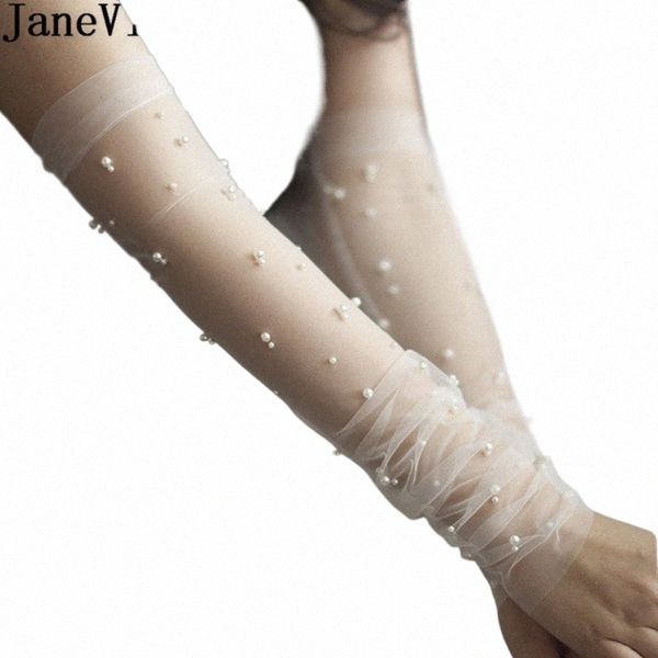 Janevini 50 CM Bridal Sheer Tulle Luvas DIY Lg Luvas de casamento para noiva Ivory Pearls Decorati Fingerl Bridal Party Gloves I6Oc #