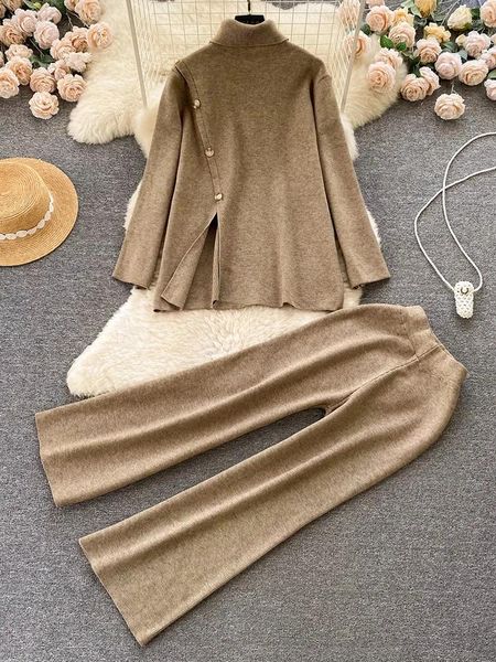 Calças femininas de duas peças co ord conjunto mulheres inverno casual malha frente abotoada fenda hem solto pulôver e conjuntos de roupas femininas
