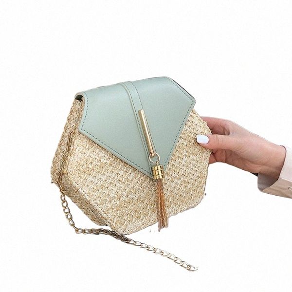 Hexag Mulit Stil Stroh + Leder Handtasche Frauen Sommer Rattan Tasche Handarbeit Gewebt Strand Kreis Böhmen Schulter Tasche 784G #