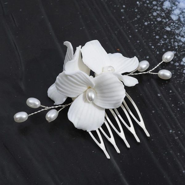 Grampos de cabelo flor branca pentes mini pérola headpieces noiva jóias de casamento cor prata liga hairpins lado para mulheres meninas