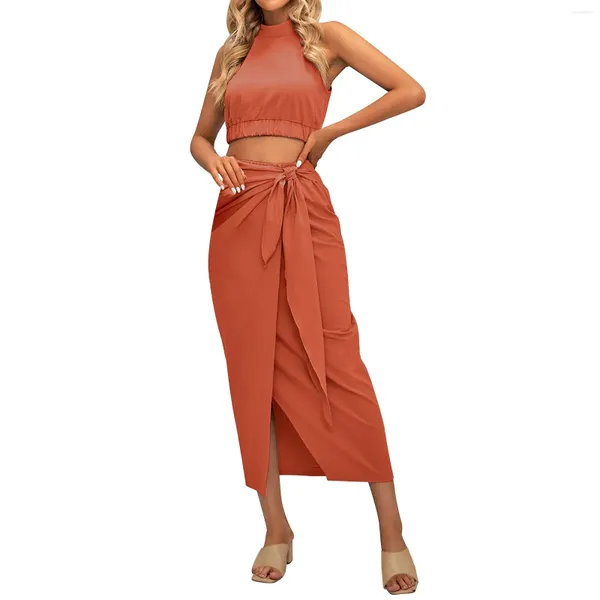 Vestidos casuais feminino sem mangas sem costas aberto umbigo plissado cor sólida vestido longo conjunto colar fendas saia terno curto top 2 peça