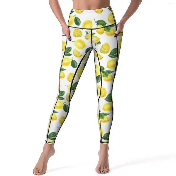 Leggings da donna stampa giallo limone sexy modello di frutta ad acquerello pantaloni da yoga a vita alta divertenti leggins elasticizzati stampati da donna