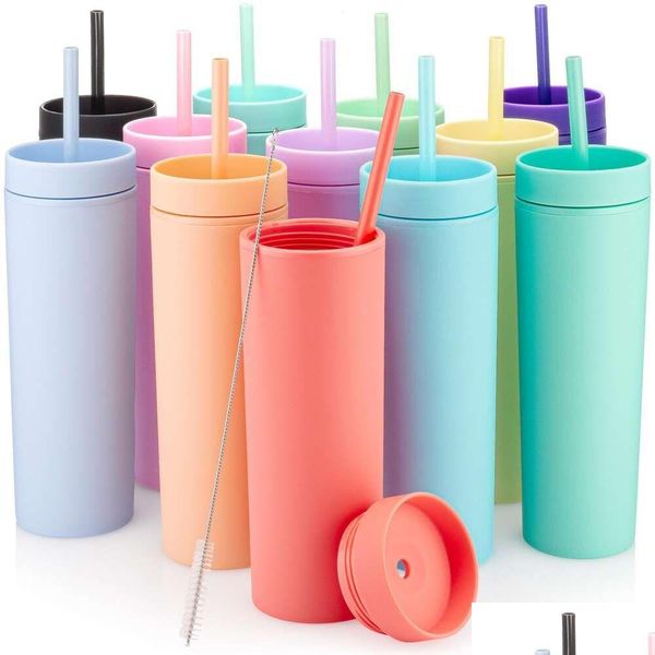 Tumblers 16 oz mti renkli sıska bardak kapak ve st mat pastel bardaklar çift katmanlı plastik yeniden kullanılabilir bardak hediyeler soğuk içecekler için dr otjun