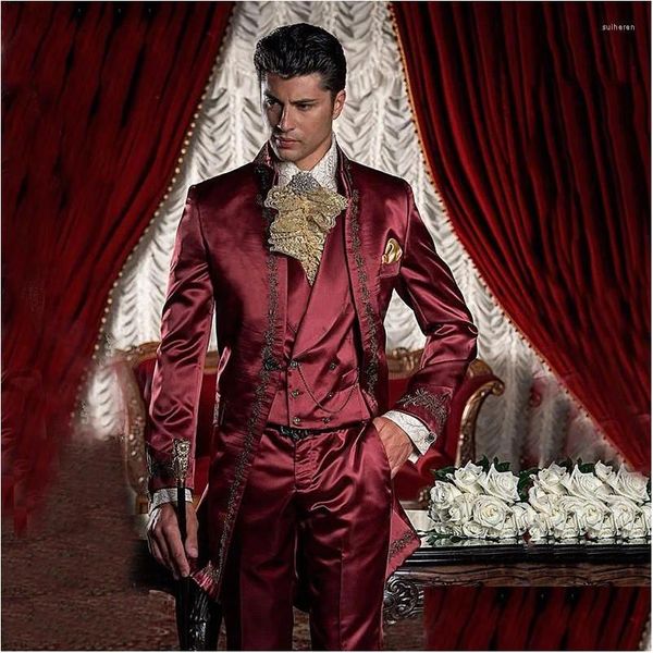 Abiti da uomo Blazer Vino Rosso Bury Raso Abito da uomo Colletto alla coreana Smoking stile vintage italiano formale per Costume Homme Mariage Drop Deliv Dhjsz