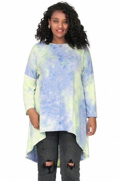 Plus Size Lg Manga Hi Low Tie Dye Túnica Tops Mulheres Primavera Outono Solto LG Flare Swing Blusa Camisa Tamanho Grande Roupas 7XL b1OJ #