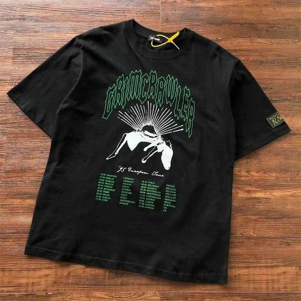 T-shirt da uomo di buona qualità Raf Simons Stampa verde T-shirt di moda da uomo Tessuto pesante T-shirt da donna vintage unisex casual nera J240330