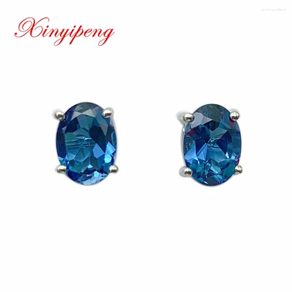 Ohrstecker Xin Yipeng Edelsteinschmuck aus echtem 18 Karat Weißgold mit eingelegtem blauem Topas, schlichtes feines Jubiläumsgeschenk für Frauen