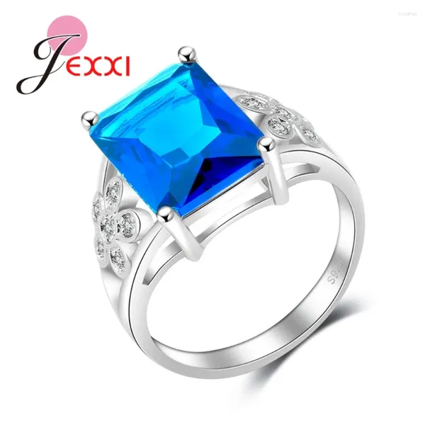 Anelli a grappolo Big Africa Blue Zircon Rettangolo con doppi fiori carini Gioielli da donna Anello in argento sterling 925 per ragazze di qualità