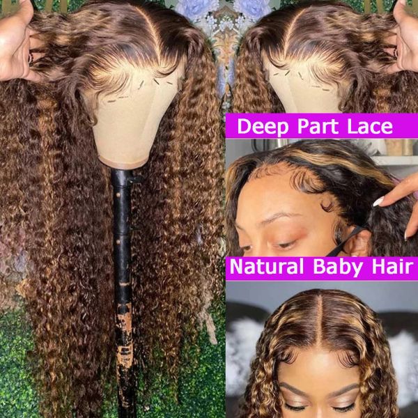 Destaque ombre Lace Front Wig Curly Human Hair Wigs 13x6 Honey Blonde HD Wave Deep Wave Frontal Wigs for Women pré -arrancado