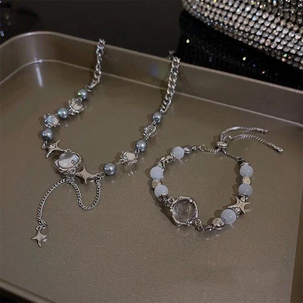 Catene Y2K Ciondolo croce Anello a mano Regalo Bracciale in pietra di luna Accessori per gioielli da donna Girocollo in stile coreano Collana con stella squisita