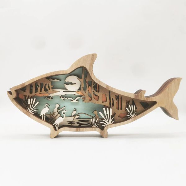 Strumenti Nuovi animali marini Artigianato in legno Creativo vento marino Intaglio in legno Pesce Decorazione della tavola con luce 3D nella stanza di casa