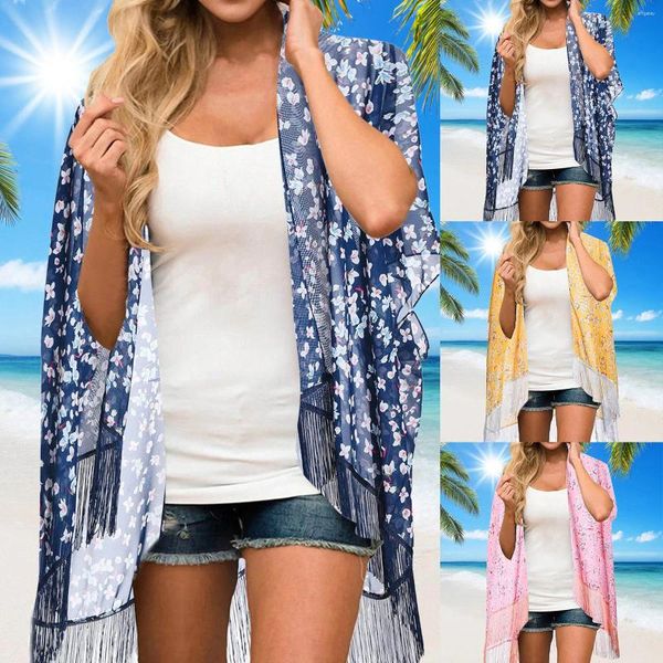 Damen-Bademode, Damen-Cardigan mit Blumendruck, Chiffon, kurzärmelig, lockere Strandkleidung, Vertuschung