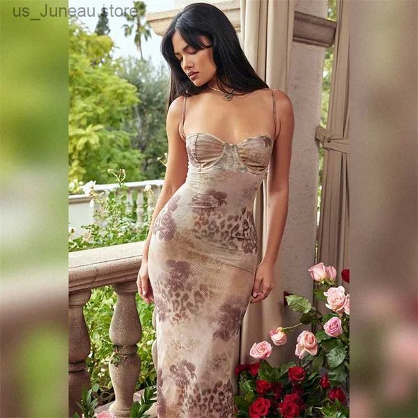 Abiti sexy urbani Abito da sera con stampa leopardata estiva Cinturino per spaghetti Aderente Mesh Maxi lungo Compleanno Matrimonio Ospite Abito da ballo Disponibile T240330