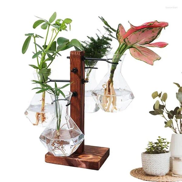 Vasen Desktop-Pflanzenterrarium Hydrokultur-Pflanzer-Kit Moderne Glühbirnenbecher-Glasvase mit Holzständer für