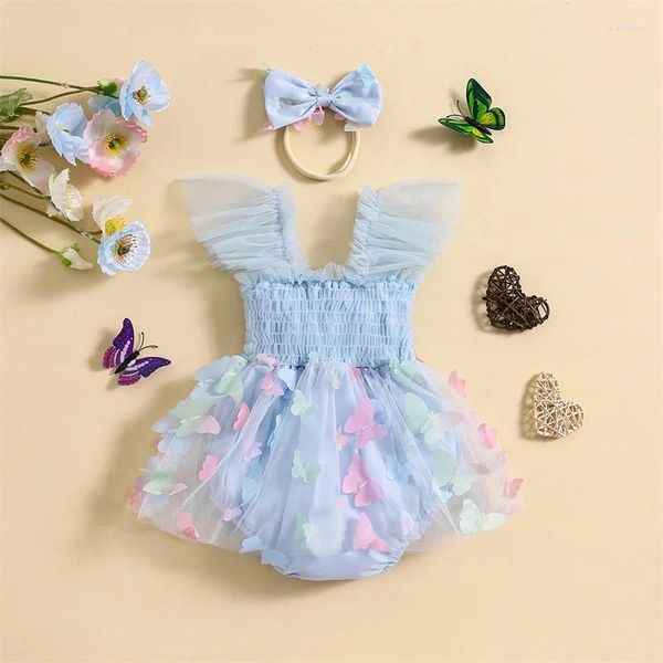 Kleidung Sets Baby Mädchen Sommer 2 stücke Strampler Outfit Ärmel Tüll Schmetterling Kleid mit Schleife Stirnband