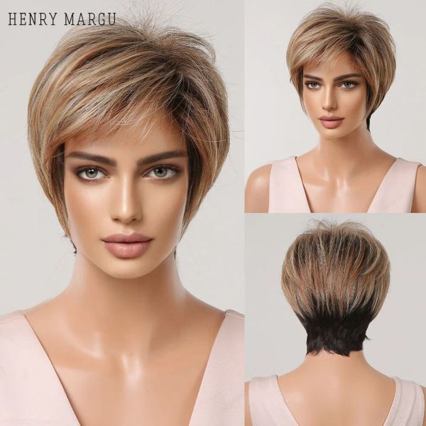 Парики HENRY MARGU Короткий синтетический парик для чернокожих женщин Парики с многослойной стрижкой и челкой Темно-русый коричневый парик с омбре Термостойкий