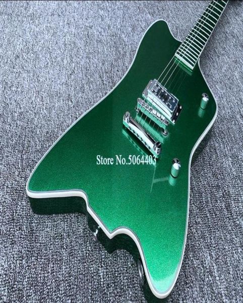 Billy Bo Jupiter Sparkle Metallic Green Fire Thunderbird E-Gitarre, koreanischer Tonabnehmer, runde Eingangsbuchsen, Chrom-Hardware8607889