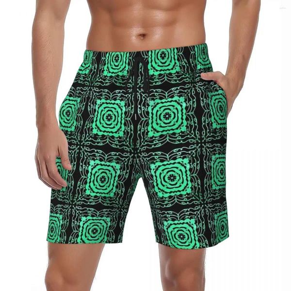 Shorts masculinos maiô geo impressão placa verão design metálico vintage praia homens sportswear secagem rápida troncos de natação