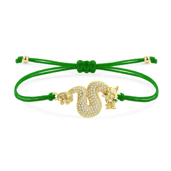 Charme Pulseiras GreenWhite Cubic Zirconia Cristal Banhado A Ouro Latão Chinês Dragão Pulseira Mulheres Lucky Animal Cord Handmade Jóias Presente