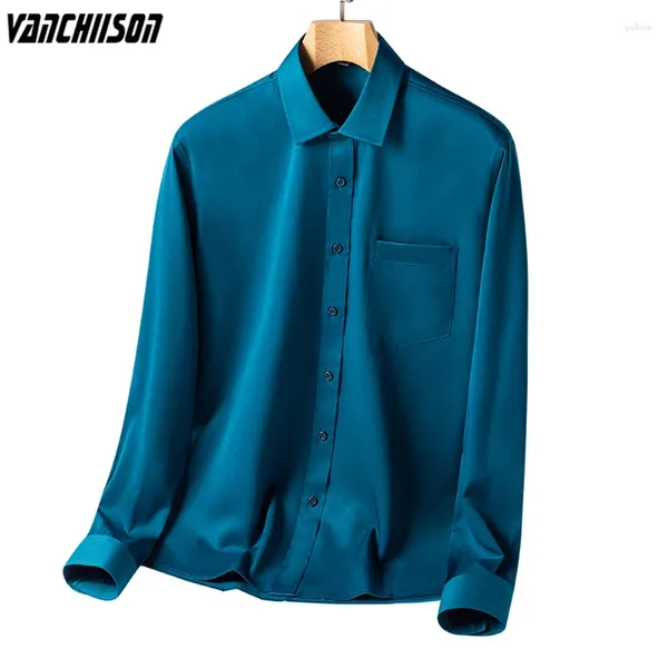 Camicie eleganti da uomo Camicia da uomo Tessuto elastico in fibra di bambù per l'estate Primavera Manica lunga Tinta unita Verde scuro Stile formale da festa Moda maschile