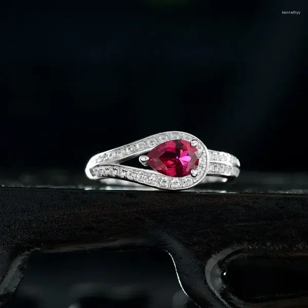 Cluster Anéis Fine Jewelry 925 Sterling Silver Ruby Gemstone Sintético Alto Carbono Diamante Casamento