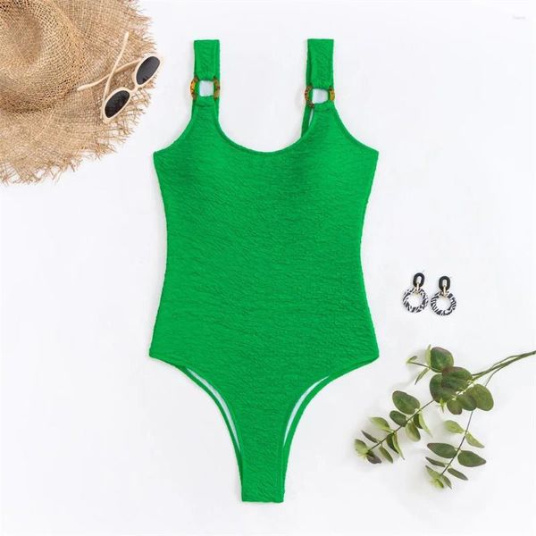 Mulheres Swimwear Sexy U-pescoço Anéis Biquíni Backless Texturizado Monokini Maiô Acolchoado Mulheres Uma Peça Praia Banheira Terno Roupas de Férias