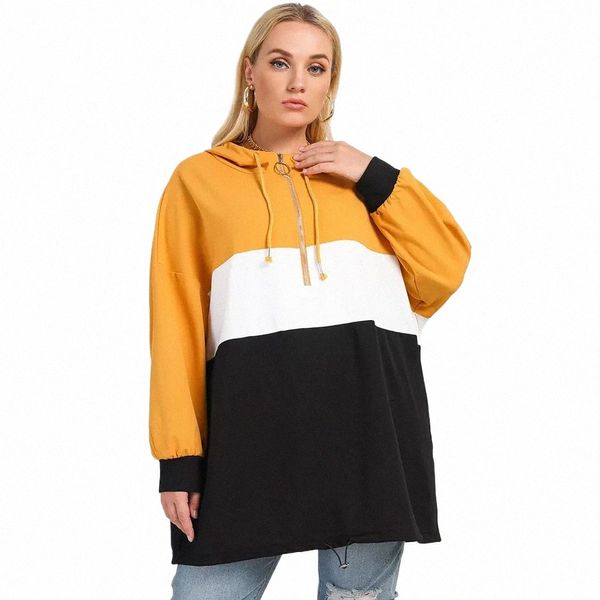 Plus Size Mulheres Loose Casual Hoodies Top Drop Ombro O-ring Zipper Cordão Mixcolor Hoodie Lg Drawstring Plus Sweat Shirt Z4sM #