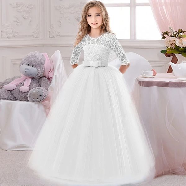 Adolescentes laço branco princesa dama de honra vestidos de festa crianças vestido para meninas crianças pageant vestido de casamento noite traje de natal 240318