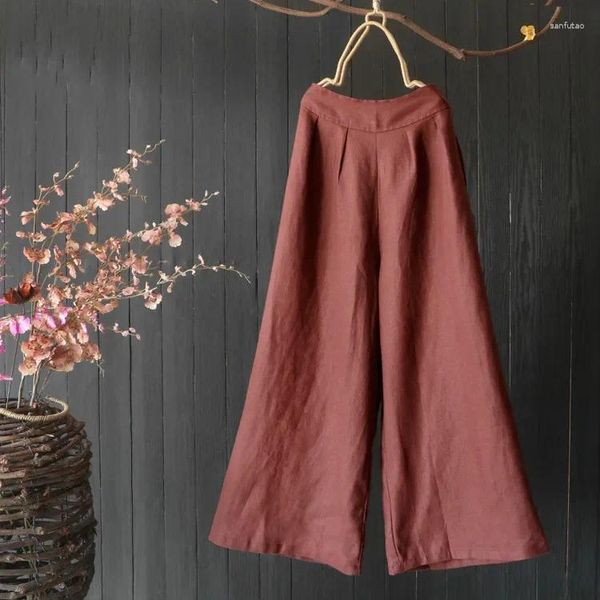 Женские брюки, свободные хлопковые и льняные широкие брюки для девочек, винтажные весенне-летние повседневные брюки с эластичной резинкой на талии, женские брюки в стиле ретро, красное вино