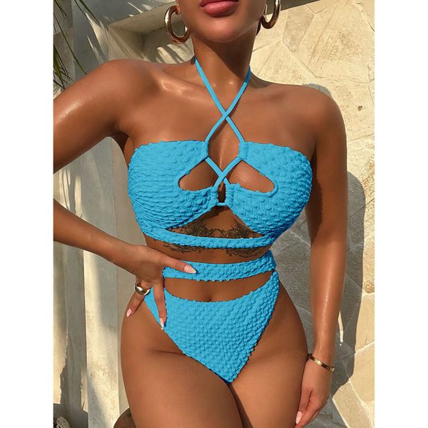 2024 Nuovo tessuto speciale in stoffa blu Costume intero bikini con cinturino sexy Bikini da donna