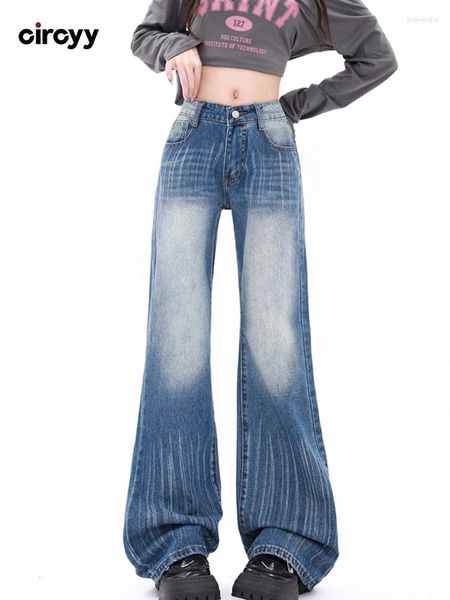 Calças de brim femininas circyy flare mulher cintura alta 2024 azul comprimento total bolsos calças jeans finas streetwear vintage calças branqueadas