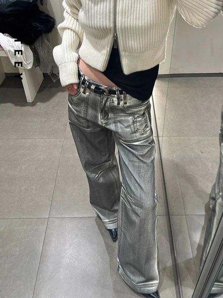 Kadınlar Kot Kirli Fit Kadınlar Bolgy Beyaz Geniş Bacak Düşük Bel 2024 Grunge Style Yıkama Gündelik Vintage Y2K Kot pantolon