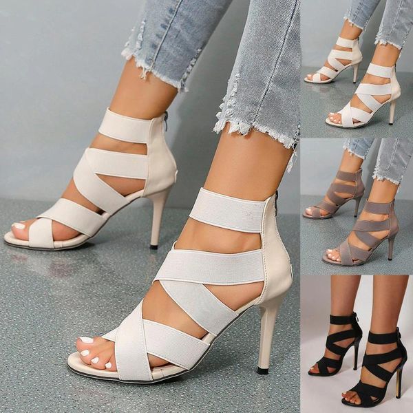 Sandalen Damen Schuhe Einfarbig Stoff Offene spitze Zurück Reißverschluss Dünne High Heels Leichte Keile Zapatos De Mujer