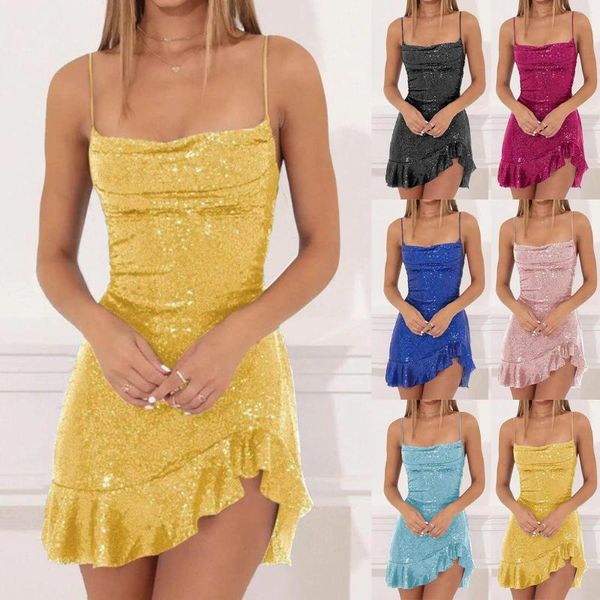 Casual Kleider Frauen Sexy Pailletten Kleid Elegante Weibliche Rüschen Ärmellose Slip Club Damen Dünnen Riemen Hochzeit Geburtstag Party Kleider