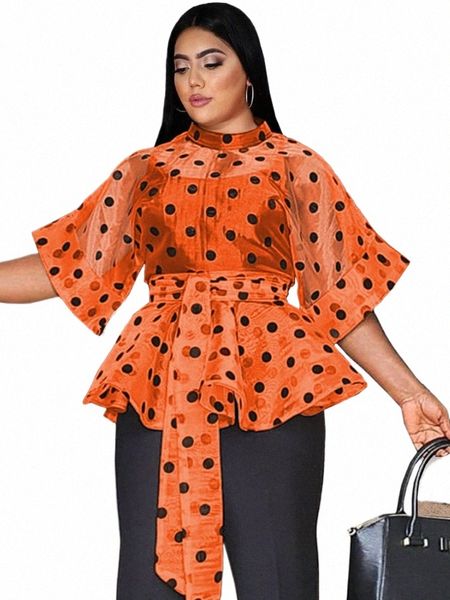 Sexy Ver Através Tops 3/4 Manga Preto Polka Dot Organze Branco Laranja Mulheres Blusa Festa À Noite Plus Size Camisa Tops com Cinto O9eF #